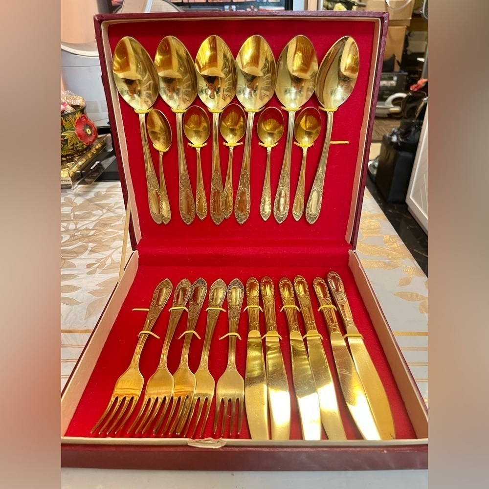 VTG Soviet Gold-Plated Flatware Set USSR 22 pcs Spoons, Forks, Knives Box